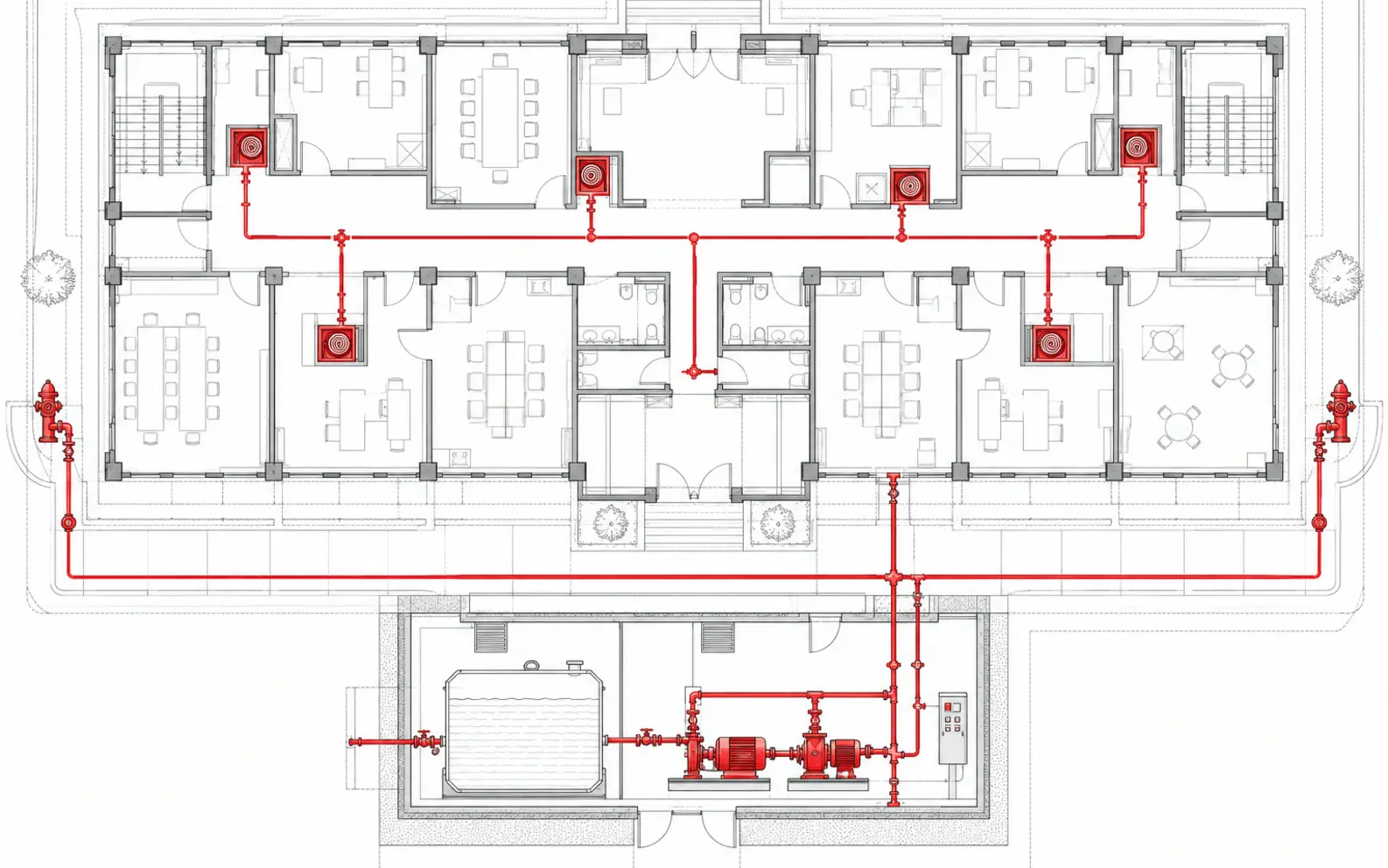 Yangın ekipmanlarının tesis planındaki konumlarının blueprint görünümü